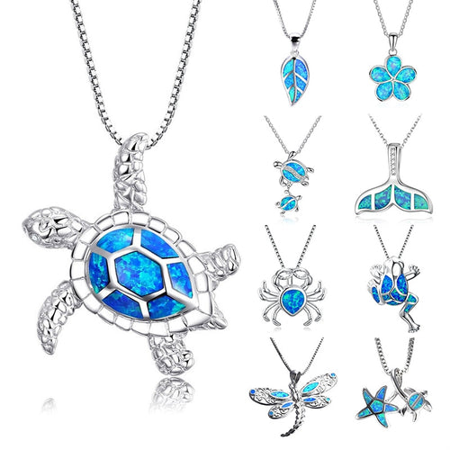 2019  Arrival Cute Silver Filled Ocean Beach Jewelry Blue Opal Sea Turtle 1PC Allergy Free Adjustable Pendant Necklace