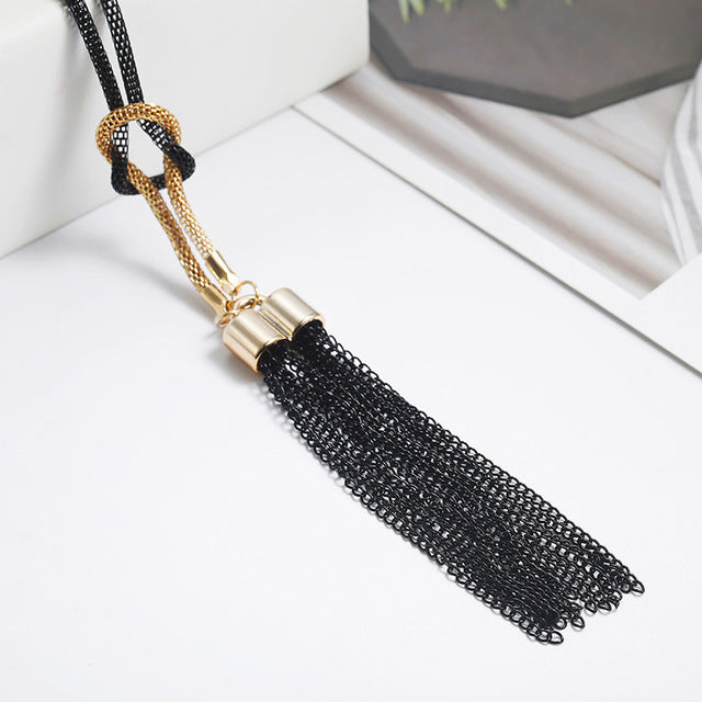 Spaloria Ethnic Boho Handmade Knot Black Tassel Pendant Necklace For Women Long Sweater Chain Statement Necklace Fashion Jewelry