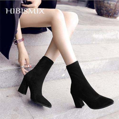 HIBISMIX 2019 Fashion Chunky Heels Boots Spring Autumn Ladies Pointed Toe Mid Calf Boots Stretch Fabric Women Heeled Shoes 1201