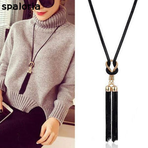 Spaloria Ethnic Boho Handmade Knot Black Tassel Pendant Necklace For Women Long Sweater Chain Statement Necklace Fashion Jewelry