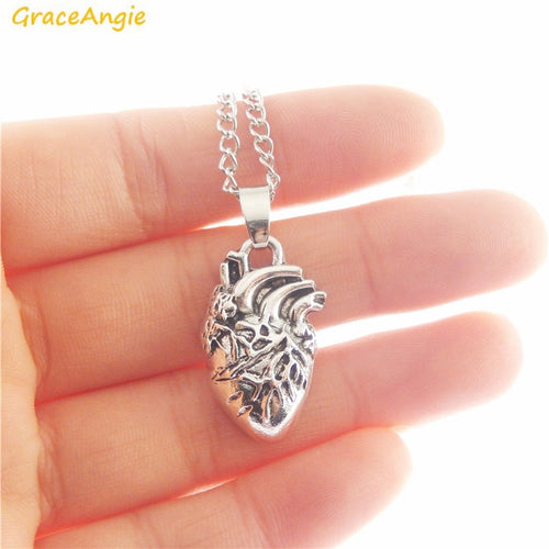 Antique Silver Human Heart Organ One Side Vivid Pendant Necklace Alloy Link Chain Punk Party Women Men Necklace Jewelry Gift