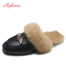 Load image into Gallery viewer, Aphixta Big Size 44 Real Fur Slippers Shoes Woman 2019 Mules Women&#39;s Tassel Slides Winter Warm Women Shoes Fashion Bee Slippers