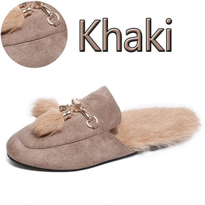 Aphixta Big Size 44 Real Fur Slippers Shoes Woman 2019 Mules Women's Tassel Slides Winter Warm Women Shoes Fashion Bee Slippers