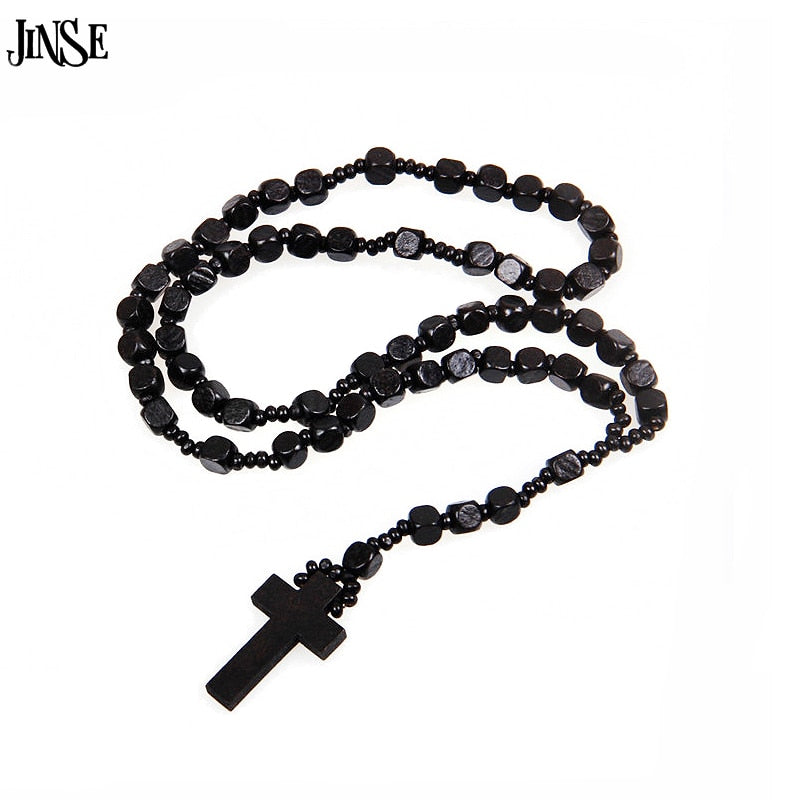 JINSE Dark Black Rosary Beads Orthodox Cross Wood Pendant Necklace Fashion Religious jewelry RON004