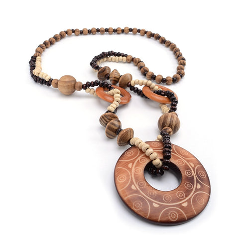 Magic Sun lines Hand Carved Exotic Hollow Round Woody Beaded Pendant Necklace Fashion Jewelry for Women Birthday Gift Present