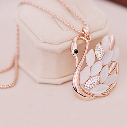 LNRRABC Fashion Women Charming alloy Rhinestones Opal Swan Pendants Necklace Sweater Chain Jewelry Xmas Gift