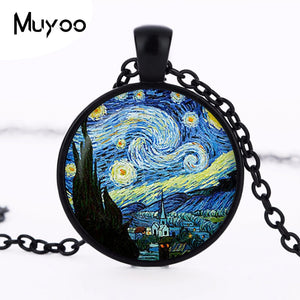 Handicraft Jewelry Vintage Van gogh Starry Night Pendant Necklace Silver Plated Chain Glass Cabochon Choker Necklace HZ1